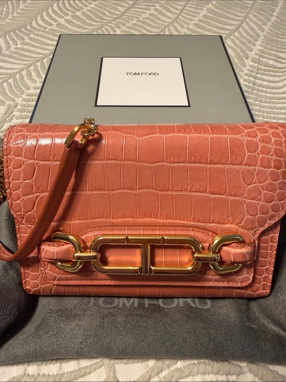 Tom Ford Coral Croc-Embossed Shoulder Bag with Gold Hardware Accent